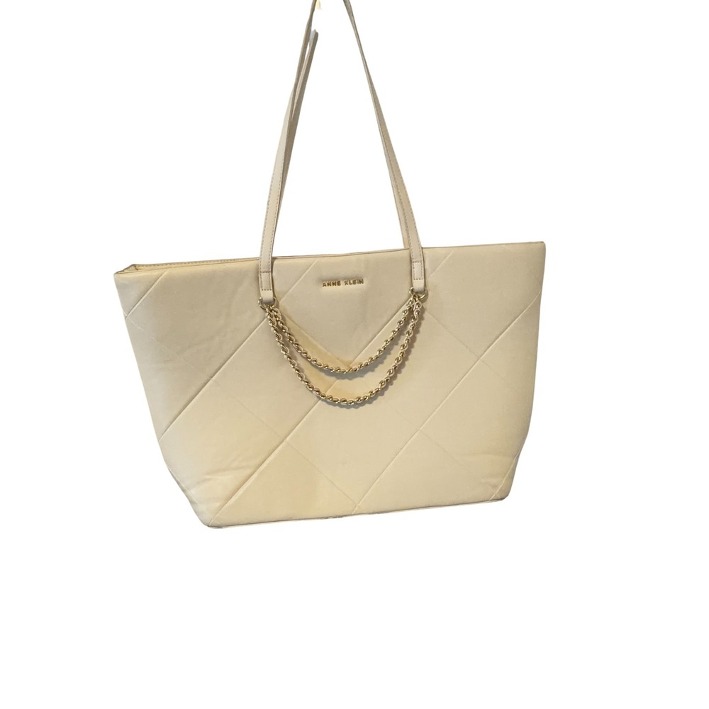 Anne Klein Quilted Tote Bag Cream Chain Faux Leather